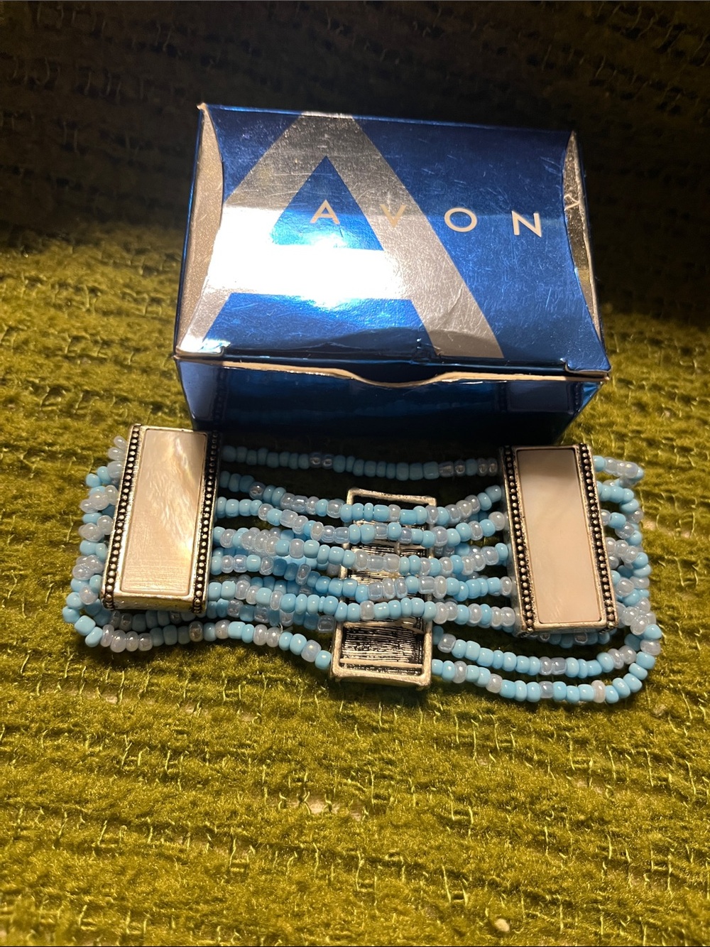 Avon  2007 Light Blue Beaded Multi-Strand Bracelet with Mother-of-Pearl Accents